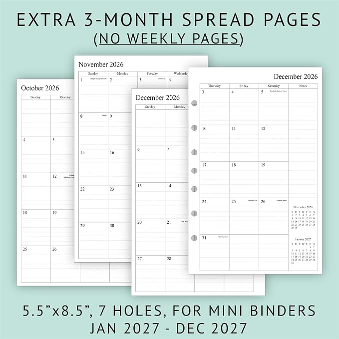 newestor 2027 Weekly & Monthly Planner Refill, 5-1/2" x 8-1/2", Jan 2027 to Dec 2027, 7-Hole Punched for Mini Binders