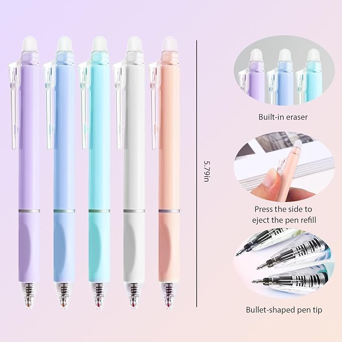 Stocking Stuffers 10Pcs Cute Erasable Gel Pens Retractable Erasable Pens 0.5mm Black Ink Smooth Writing Pen Aesthetic Pen for Women Men Office School Supplies
