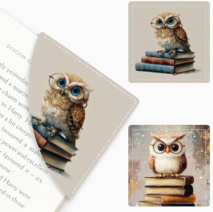 2PCS PU Leather Bookmarks 3.5x3.5 Inch Owl Glasses Book Design | PU leather bookmarks with owl glasses book design for novels, notebooks, class notes, students, teachers and book lovers