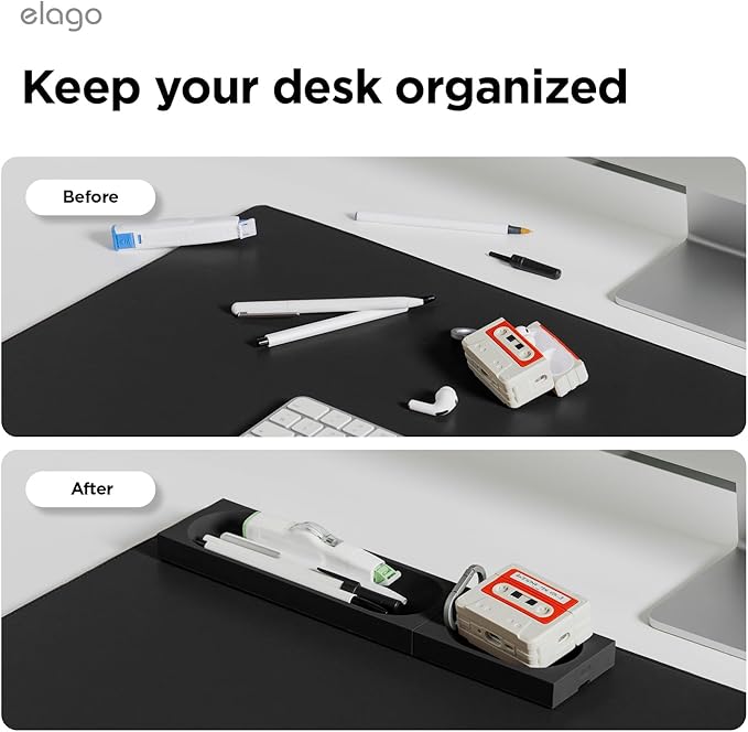 elago Smart Magnetic Desk Mat Pencil Tray – Soft Silicone Organizer for Office Supplies, AirPods, Glasses, Pens – Noise-Free, Non-Slip, Washable, Item for Desk Management [Medium-Small Set] (Black)