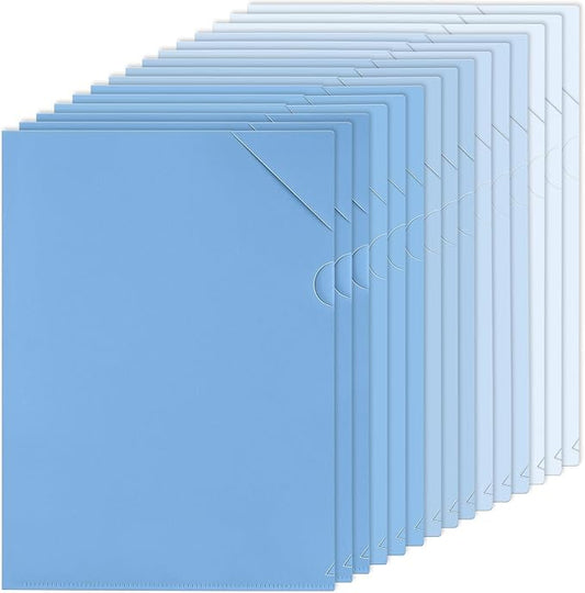 Kisston 15 Pack Blue Clear Plastic Folders Sleeves Project Pockets for Letter Size 12.1x8.8, L-Shaped Transparent File Jacket for School Office Desk Supplies