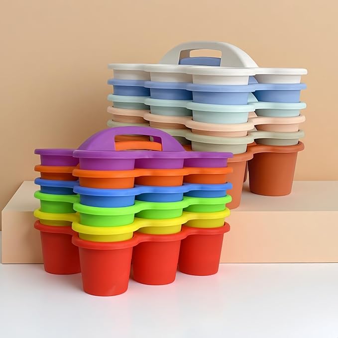 RAUVOLFIA 6 Pack Classroom Caddy Storage Basket with Handle, Plastic Drink Cup Caddy Holder, 6 Compartments for Kids, Table, Office, Arts, Crafts, Crayon, Marker, Pencil, School Supplies (Boho)