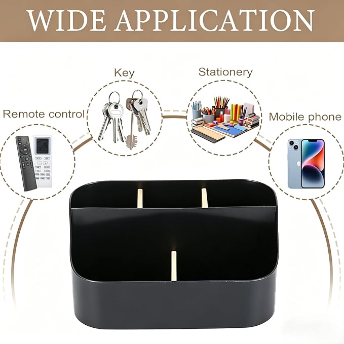 Remote Control Holder, Plastic Desk Organizer with Bamboo Dividers, 4-Compartment Remote Caddy for TV Media Phone Pen Storage, Tabletop Organizer for Coffee Table, Nightstand, Office, Black