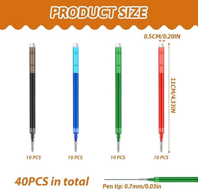 0.7 mm Erasable Gel Ink Pen Refills Compatible with Frixion Friction, Smooth Writing Multicolor Retractable Fine Point Pen Refill for School Office Home Art (4 Colors, 40)
