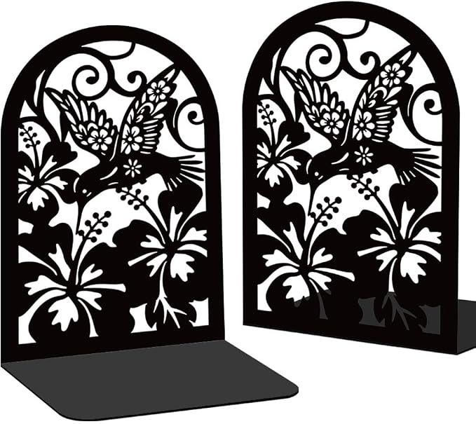 Hummingbird with Hibiscus Book Shelf Decorative Bookends for Shelves, Book Ends for Heavy Books, Metal Bookends for Desk Organizer, Office Library Decor Decorative Books for Home Decor