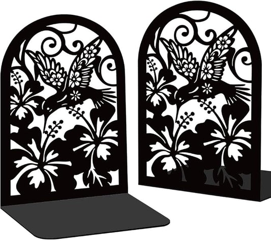 Hummingbird with Hibiscus Book Shelf Decorative Bookends for Shelves, Book Ends for Heavy Books, Metal Bookends for Desk Organizer, Office Library Decor Decorative Books for Home Decor