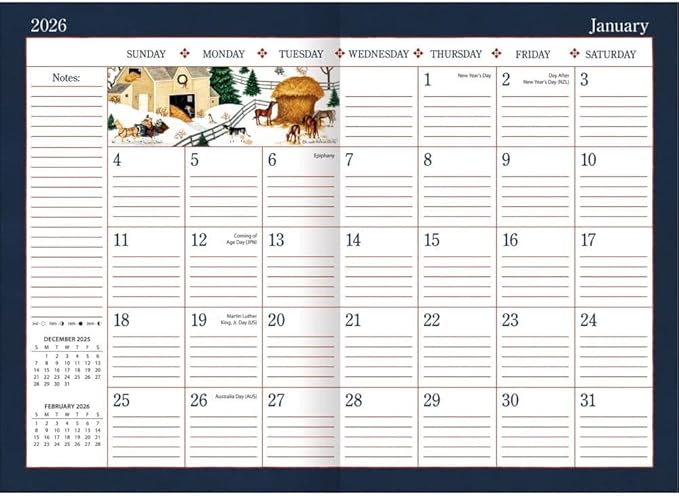 Lang Linda Nelson Stocks Monthly 2026 Pocket Planner – 12-Month Monthly Planner with Wire-O Binding, Folk-Art Rural Scenes by Linda Nelson Stocks, 4.9" × 6.6"