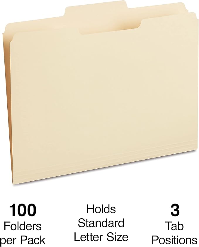 Staples File Folder, Letter Size, Manila, 1/3‑Cut Tab, Durable Paper Stock, 200/Carton