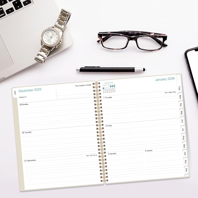 Planner 2026 For Women & Men - Monthly and Weekly Calendar Planner from January 2026 - December 2026, Student Planning with 12 Tabs for Office School Supplies, Inner Pocket, 8.5" x 11", Beige