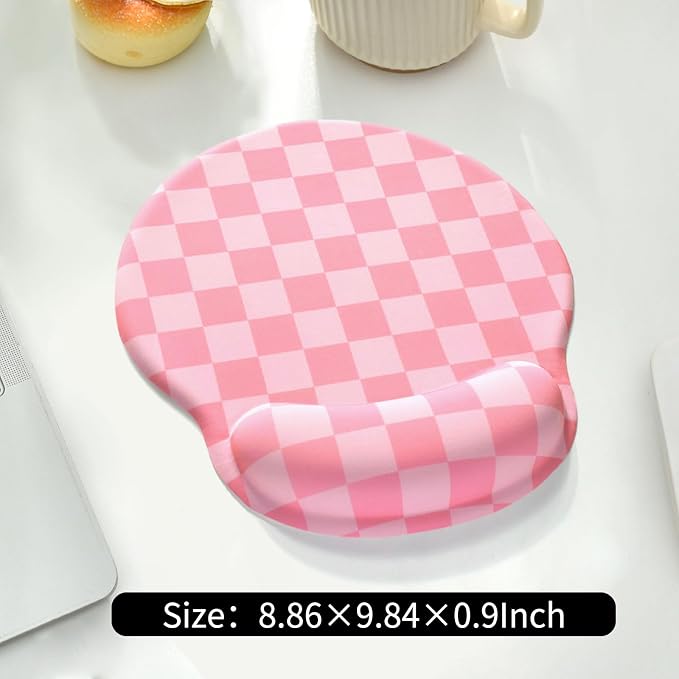 Retro Checkered Mouse Pad with Support Wrist Rest,Cute Funny Boho Ergonomic Mouse Pad with Non-Slip Base for Office Gaming Working Computers,Desk Accessories Pain Relief,Rose Pink