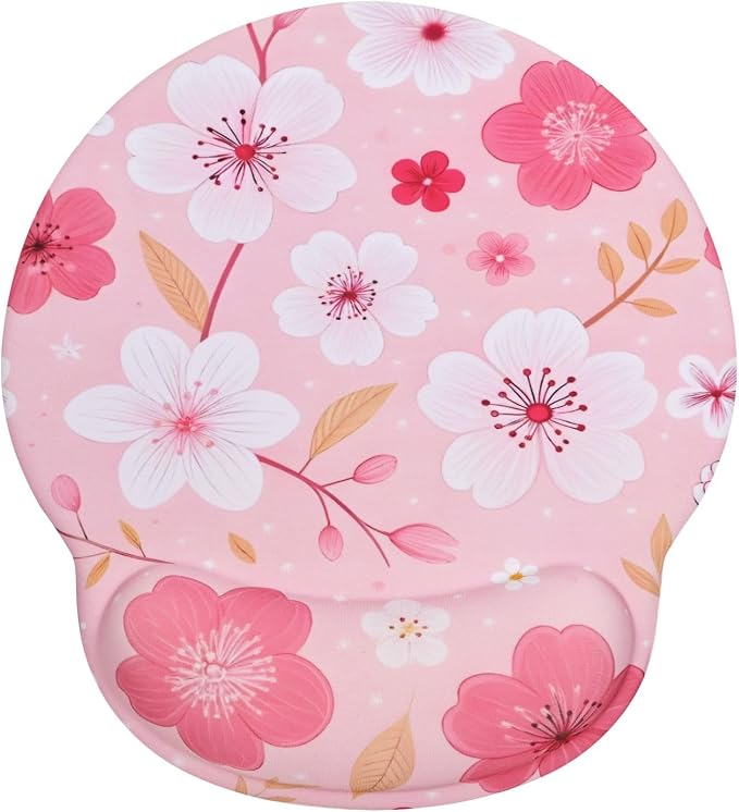 Lily Floral Mouse Pad Wrist Support Wrist Rest, Flower Ergonomic Mouse Pad with Non-Slip Base for Office Gaming Working Computers,Desk Accessories Pain Relief Mouse Mat, Pink Cherry Blossom
