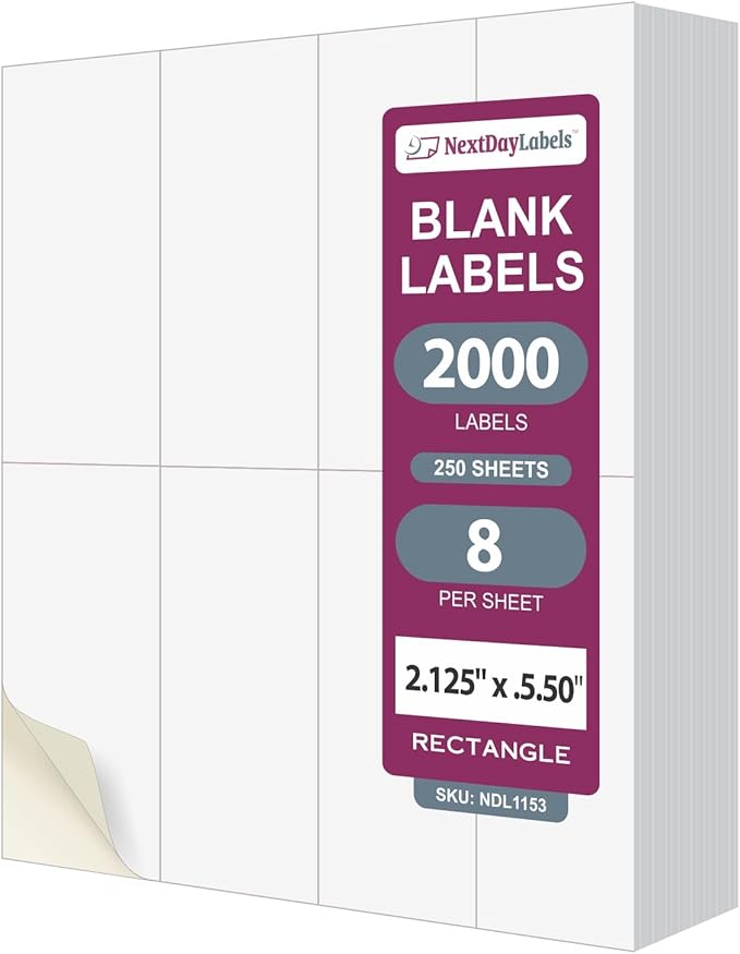 NextDayLabels 2.13x5.5 Inch Rectangle Stickers White Blank Labels for Laser Inkjet Printer - 8 Per Sheet Self-Adhesive Unique Size Label Made in USA - 2,000 Labels