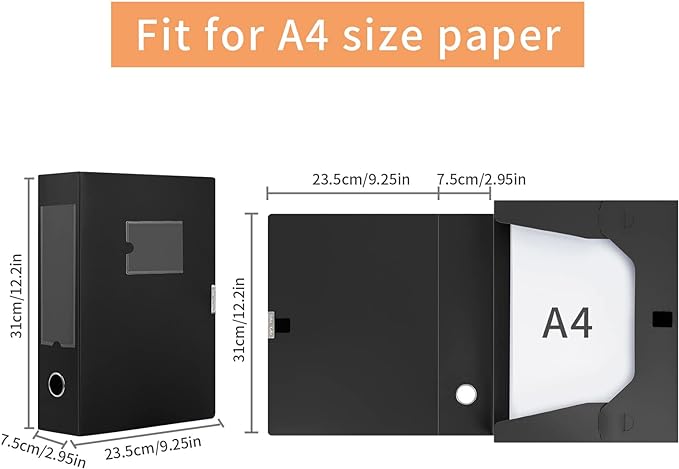 HUA JIE A4 Storage File Boxes Plastic Archives Cases with Lid, File Folder Organizer Document Filing Box for office,31×7.5×23.5 cm, Black(Pack of 4)