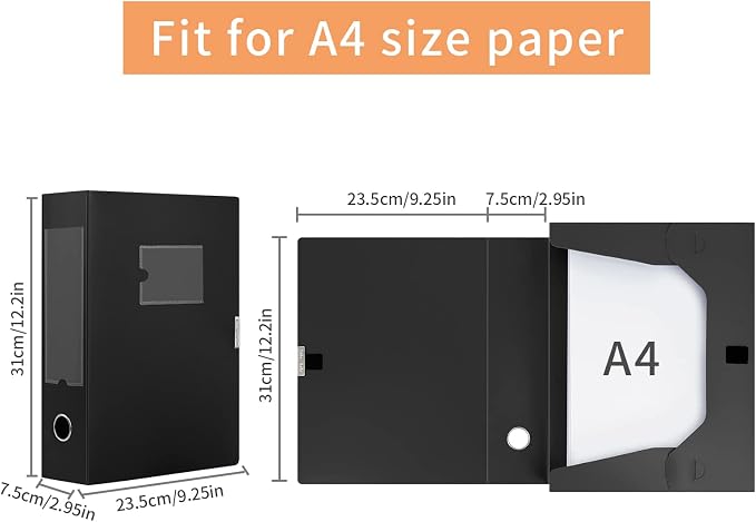 HUA JIE A4 Storage File Boxes Plastic Archives Cases with Lid, File Folder Organizer Document Filing Box for office,31×7.5×23.5 cm, Black(Pack of 6)