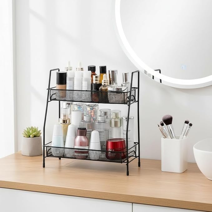 2-Tier Metal Mesh Desk Organizer - Portable Desktop Storage Rack for Office Supplies, Pen Holder, Paper, Makeup - Wall/Tabletop Mount, Powder Coated Black, Home School Cubicle Accessories