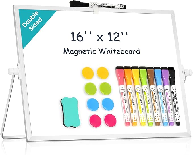 Dry Erase White Board, WALGLASS 16" x 12" Small Desktop Whiteboard with Stand, Double-Sided Magnetic Whiteboard, Portable Dry Erase Board for Kids Drawing, Study, Home, Office, School