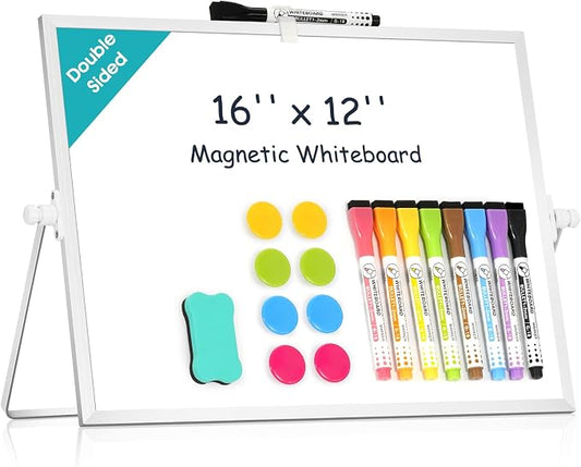 Dry Erase White Board, WALGLASS 16" x 12" Small Desktop Whiteboard with Stand, Double-Sided Magnetic Whiteboard, Portable Dry Erase Board for Kids Drawing, Study, Home, Office, School