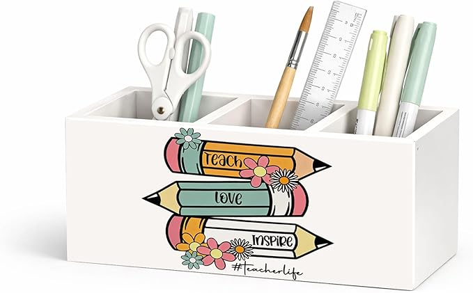 Teacher Life Wooden Desk Organizer, Cute Pencils Design Pen Pencil Holder with 3 Compartments, Decorative Office Supply Storage Box for Desk, Home, Classroom, Gift for Teachers