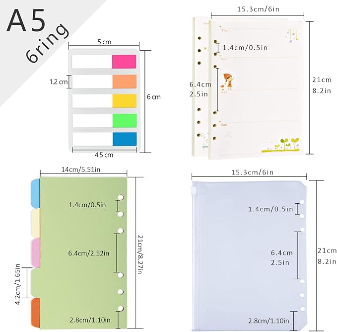 Rancco A5 Planner Inserts Weekly Planner Refills, 90 Pages Colorful 6-Ring Loose-leaf Paper Binder Inserts w/Divider, PVC Pouch, Ruler, Index Tab for Journal, Filofax, Double-sided, Undated, 8.3x5.6"
