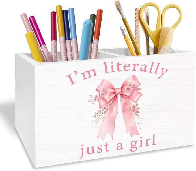 Pink Rose Coquette Bow Pen Holder for Desk, Preppy Girly Bow Pencil Organizer, I'm Literally Just a Girl Wooden Box Sign Desk Decor for Girls Bedroom Dorm Home Office Decoration