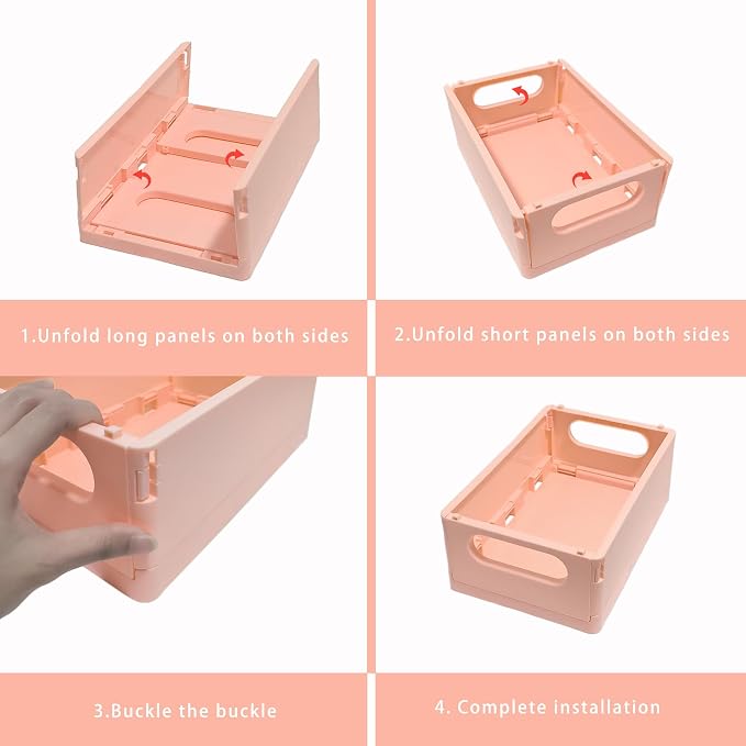 Plastic Storage Crate Folding Desk Organizer Basket Set of 4, 2 Medium+2 Small Collapsible Storage Bins Portable Organizing Crates for Office Classroom Kitchen Bedroom Bathroom Desktop Drawer, Pink