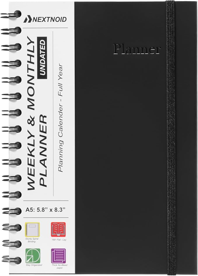 Undated Monthly and Weekly Planner - 12 Month Calendar Planner Notebook with Week Days - Hardcover Undated Planners Blank Agenda Book - A5 Black