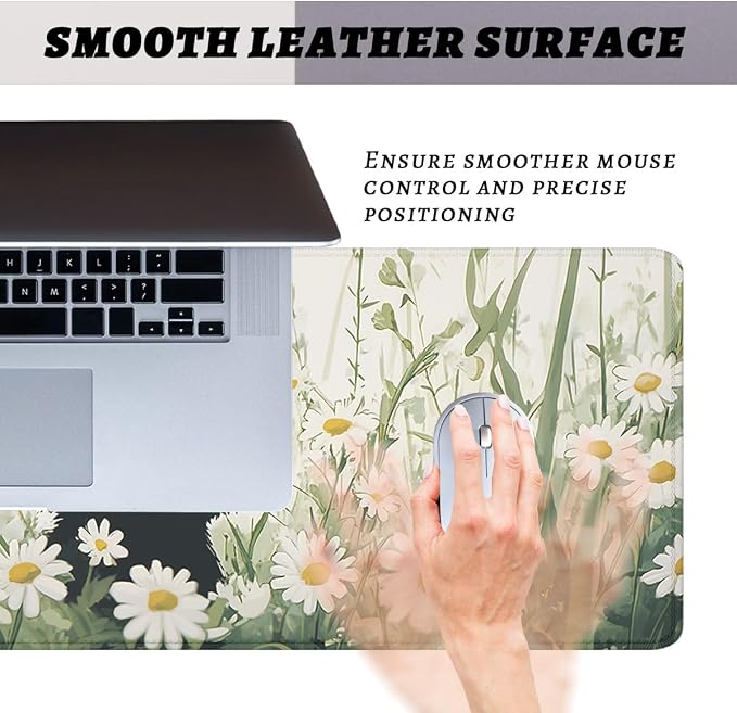 Cute Black Cat Desk Mat Gaming Mouse Pad Watercolor Daisy Kitty Extended Gaming Mousepad Mat with Stitched Edge Non-Slip Base Big Mousepad Office Computer Keyboard Laptop Home 31.5"x11.8"
