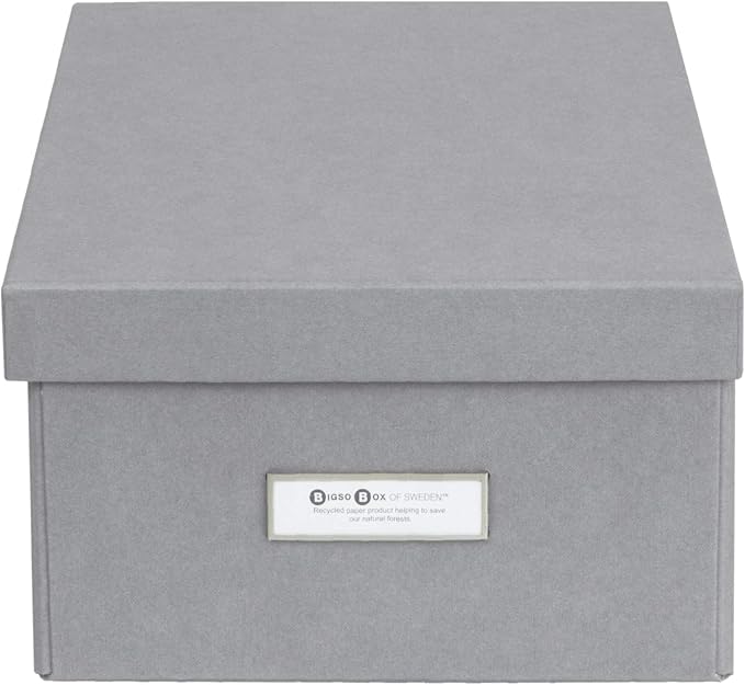 Bigso Box of Sweden Katia Collapsible Storage Box with Labelframe for Easy Identification - Simple Assembly Without Tools - Decorative Storage Boxes with Lids - 11.3in x 15.4in x 6.4in - Grey