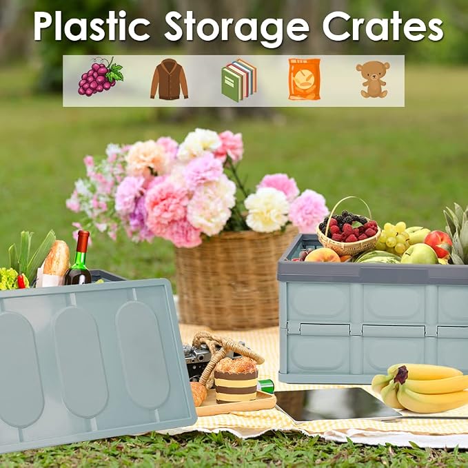 Lidded Storage Bin 2 Pack Plastic Storage Crates, 28L-Blue Stackable Plastic Storage Boxes Container, Collapsible Shelf Basket with Lid Home Office Kitchen Car Clothes Shoes Books Grocery Bins Holder