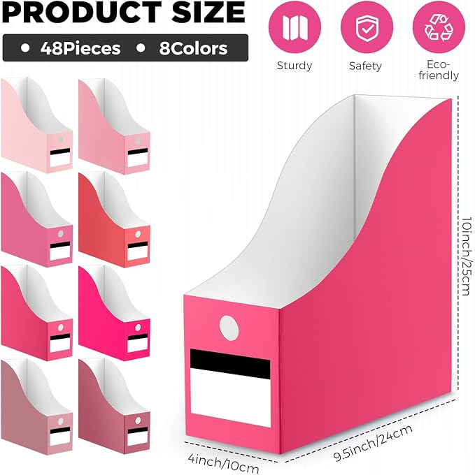 Jutom 48 Sets Magazine File Holders Foldable Cardboard Magazine Holder with White Label Stickers Desktop File Storage Box for Office Home Classroom Desk Document Organization(Pink)