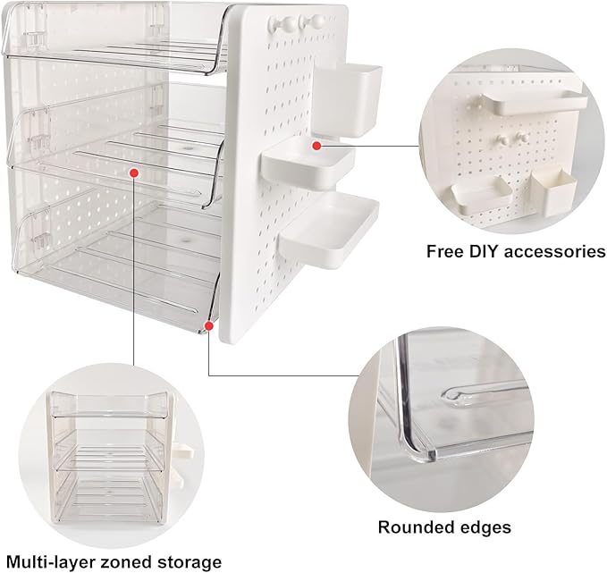 3 Tier Acrylic Desk Organizer,Clear Stackable Desktop Paper Container Letter Tray Shelf with Pen Holder, Pegboard Shelf Office Storage for File Paper, Letter, A4 Office File, Books, Notes