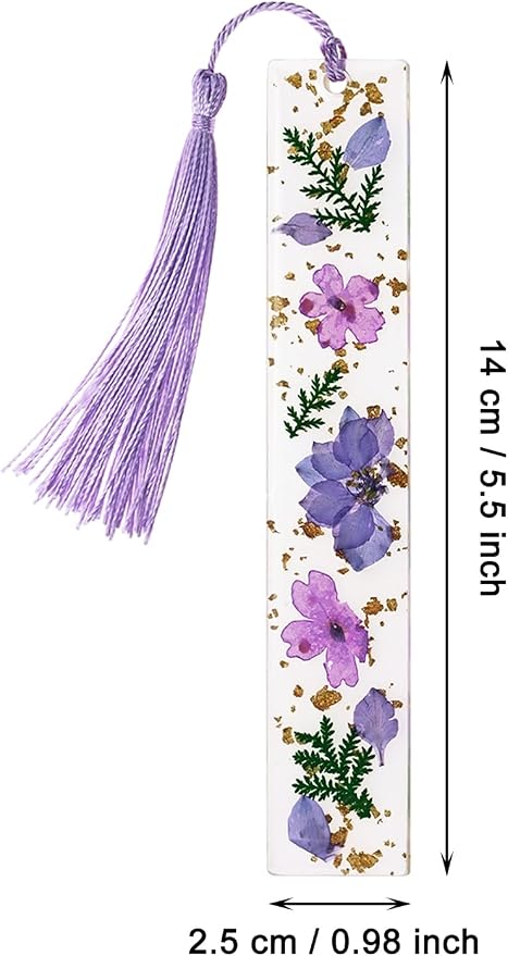Penta Angel Dried Flower Resin Bookmarks Handmade Clear Pressed Floral Page Markers with Silky Tassel Reading Gift for Women Adults Graduation Valentine’s Day Christmas (Purple)