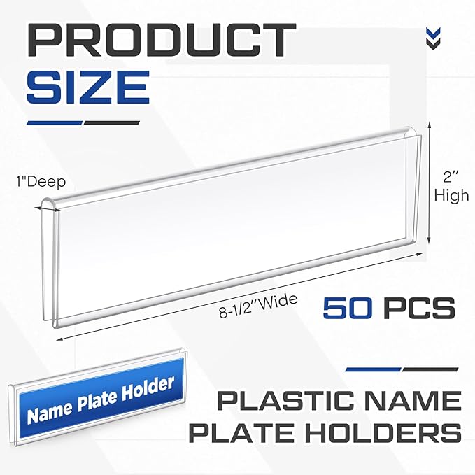 Wonderjune 50 Pack Plastic Cubicle Name Plate Holder 8.5" Wide x 2" High Glass Wall Name Plate Holder Clear Acrylic Sign Display Stand for Home Office Business (Suitable for 1/4" Cubicle Wall)