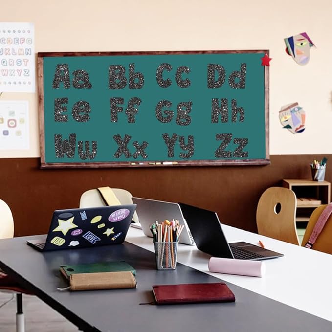 225Pcs Glitter Bulletin Board 4inch Letters with Adhesive Dots Punctuation Symbols Cutout for Classroom Numbers Alphabet School Display Decorating Supplies (Black)