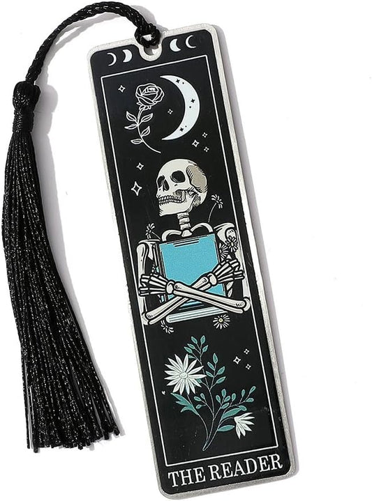 3Pcs Unique Skull Reader Bookmark - Metal Bookmark with Black Tassel, Star and Rose Pattern, Engraved “THE Reader” for Dark Gothic Lovers, Women Readers Fantasy Gift Gothic Gift (Black Skull Reader)
