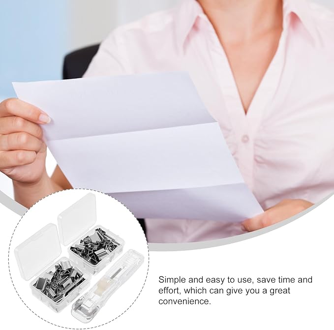 jojofuny Reusable No-Staple Desktop Stapler with Clip Dispenser, Small Office Fastener for Document Binding, Includes 1 White Stapler and 2 Plastic Refill Clips for Paper Organization