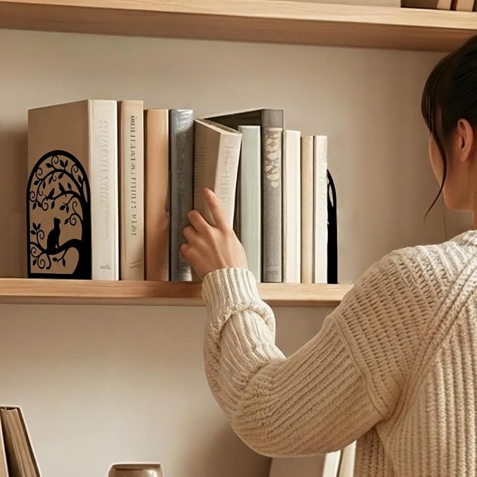 2 Pcs Metal Bookends, Unique Cat Book Ends for Shelves Sturdy Book Organizers and Decorative Books Accessories for Home Office and Library