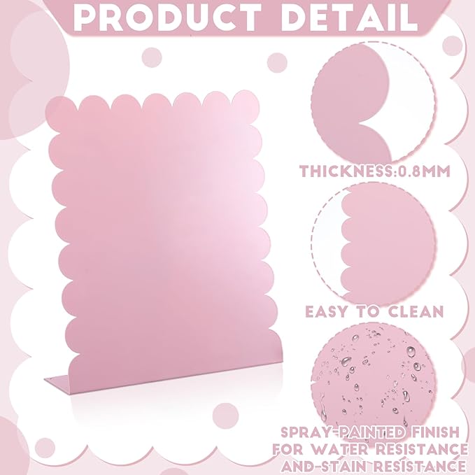 Gueevin 2 Pcs Magnet Board Standing Magnetic Metal Board for Desk and Wall 12.6" x 11" Scalloped Magnetic Display Stand for Memos, Photos and Documents Home Office School Supplies(Pink,Medium)