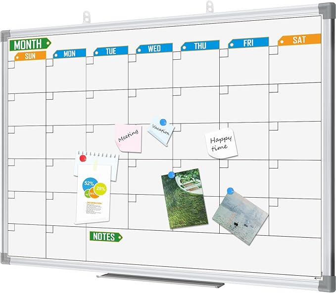 Lockways Dry Erase Calendar Whiteboard, White Board Monthly 24" x 18", Wall-Mounted Aluminum Framed Calendar Board