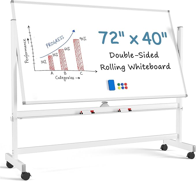 MaxGear Big Mobile Whiteboard, 72x40 Double Sided Magnetic Dry Erase Board with Stand, Height Adjustable Rolling Whiteboard for Home, School & Office, Heavy-Duty Aluminum Frame & Reinforced Packaging