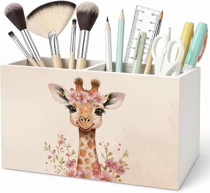 Giraffe Flower Pen Pencil Holder for Desk Giraffe Gifts for Women, Cute Gifts for Women Teen Girls，Cottagecore Wooden Box Sign Decorations for Girls Room Bedroom Home Office Desk Tabletop