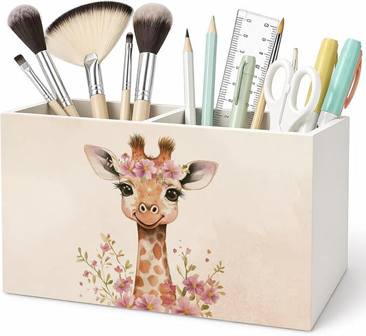Giraffe Flower Pen Pencil Holder for Desk Giraffe Gifts for Women, Cute Gifts for Women Teen Girls，Cottagecore Wooden Box Sign Decorations for Girls Room Bedroom Home Office Desk Tabletop