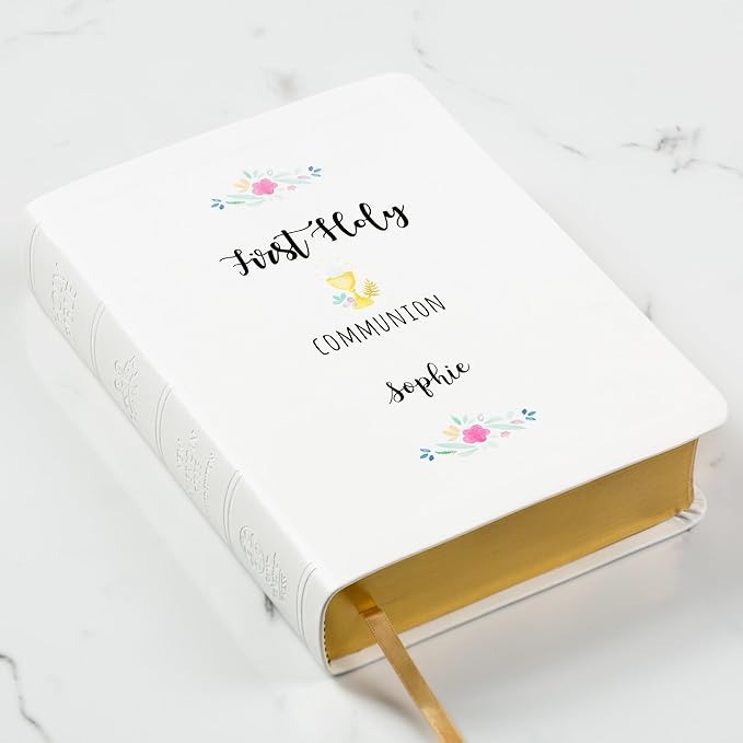 Personalized First Communion Bible with Name Engraved for Girls, White - NABRE Translation, Custom Holy Bible for Study & Communion, Religious Christian Catholic Keepsake Gift