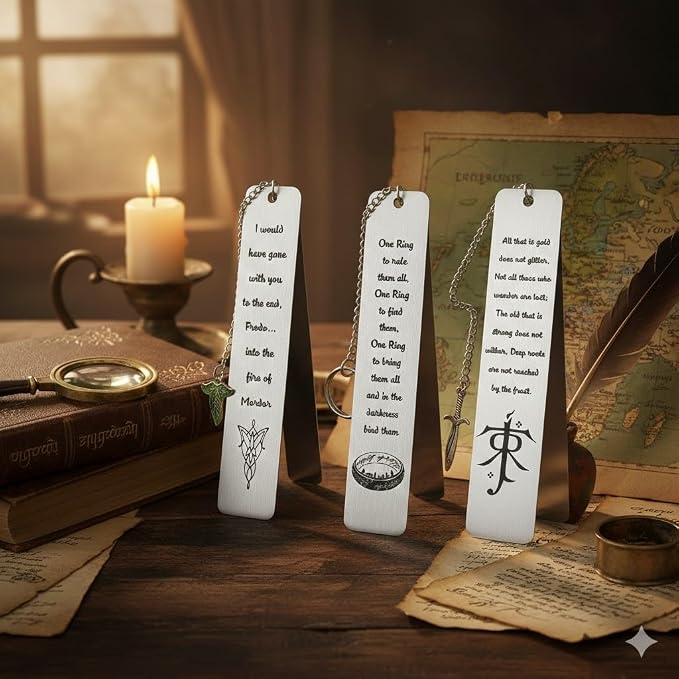 3Pcs Fantasy LOTR Metal Bookmarks Set, Elvish Leaf Pendant with Sword Charm, Evenstar Engraving, Epic Quotes Carved, Dark Academia Book Accessories, Gifts for Readers (The Three Rings)