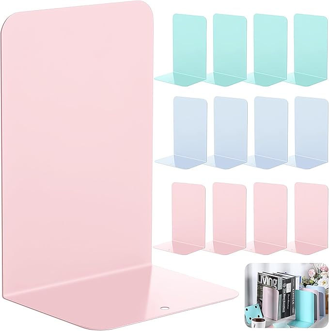 Beeveer 6 Pairs Metal Bookends Book Stopper for Shelves Office Book Holder Library Bookend for Heavy Books Desk Home Bookshelf School (Macaron Colors)