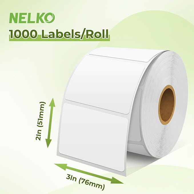 Nelko Genuine 3" x 2" Direct Thermal Label, Self-Adhesive Barcode Labels Compatible with Nelko PL70E Label Printers, No BPA & BPS, 1000 Labels (Commercial Grade)