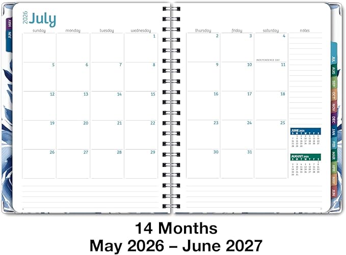 HARDCOVER Academic Year 2026-2027 Planner: 14 Months (May 2026 Through June 2027) 8.5"x 11" Daily Weekly Monthly Planner Yearly Agenda. Bookmark, Pocket Folder and Sticky Note Set (Blue Bloom)