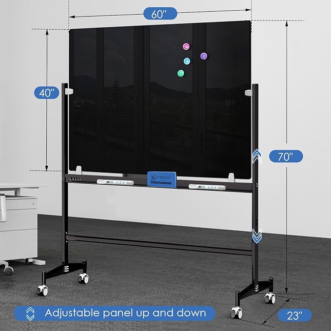 Mobile Black Magnetic Glass Board on Wheels 60x40 - Rolling Black Glass Whiteboard Height Adjust Portable Easel, Movable Tempered Glass Dry Erase Board, ZHIDIAN Large Blackboard with Stand