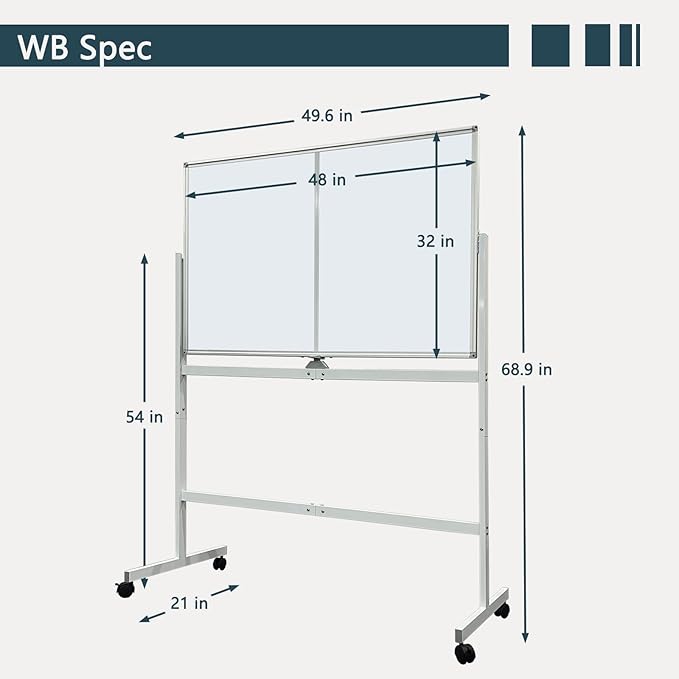 Mobile Whiteboard 48" × 32" with Rolling Stand, Double Sided Dry Erase Board on Wheels, Adjustable Height & 360° Rotation, White Frame for Office Classroom Home