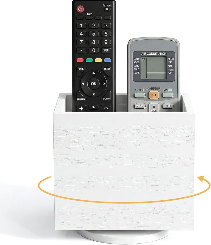 360° Rotating Remote Control Holder, Wooden TV Controller Holder, Remote Holder for Table, Desktop Caddy for Pen, Phone, Small Item Home Office School (White)